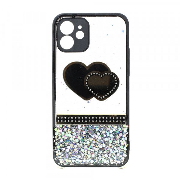 Wholesale Glitter Jewel Diamond Armor Bumper Case with Camera Lens Protection Cover for Apple iPhone 12 / 12 Pro 6.1 (Heart Black)